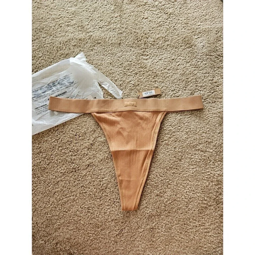 SKIMS Cotton Ribbed Thong Camel Size 2XL